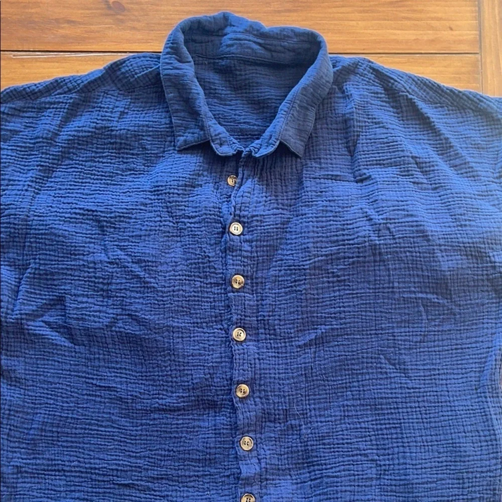 Rich Blue Casual Button Down Shirt dress with Textured Fabric and Relaxed Fit